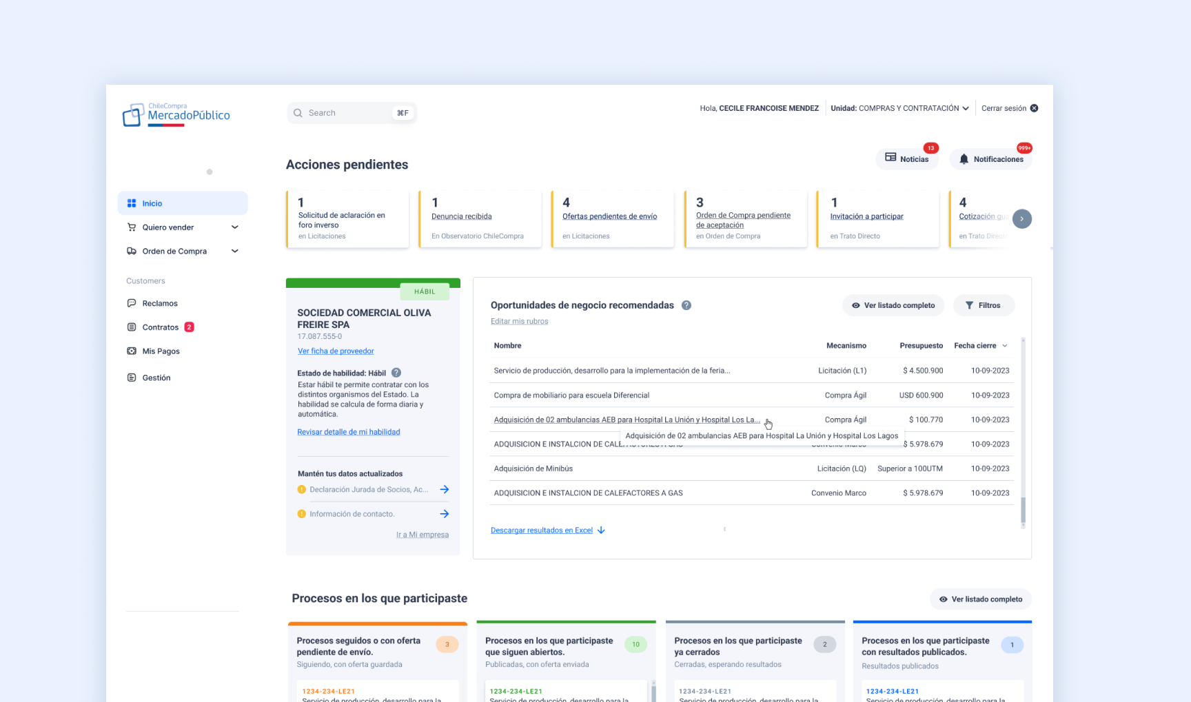 Dashboard de escritorio para proveedores de Mercado Público